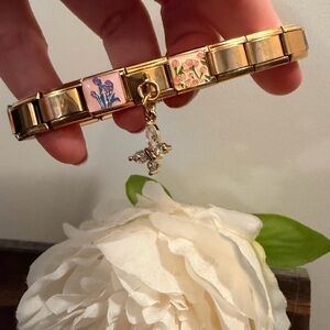 Gold-Tone Italian Charm Bracelet with Floral Links & Crystal Butterfly Dangle